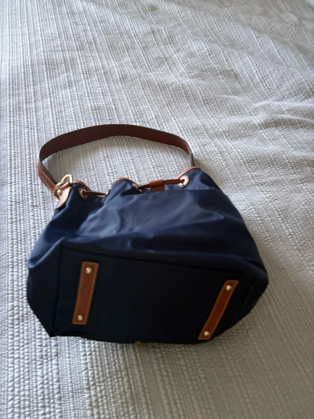 Dooney & Bourke Navy Nylon Bucket Bag with Brown Trim - Picture 3 of 3